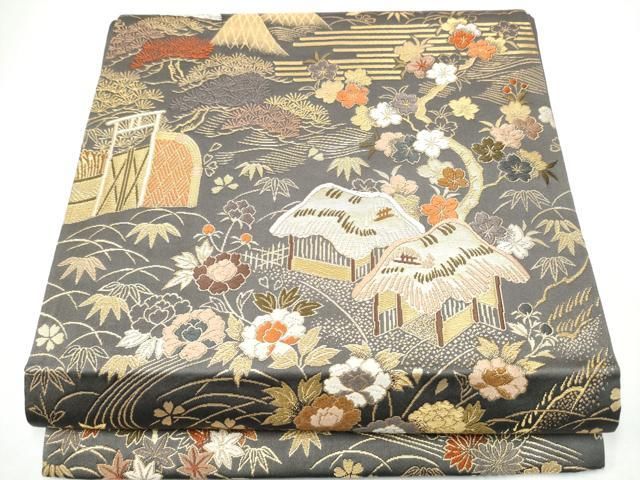 平和屋着物●田中工芸織物 祥園謹製　六通柄袋帯　唐織　風景草花文　金糸　正絹　逸品　CABG6154hy