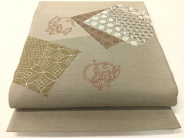 平和屋着物●太鼓柄袋帯　紬地　刺し子　色紙吉祥更紗文　正絹　逸品　未使用　CABG1953vp