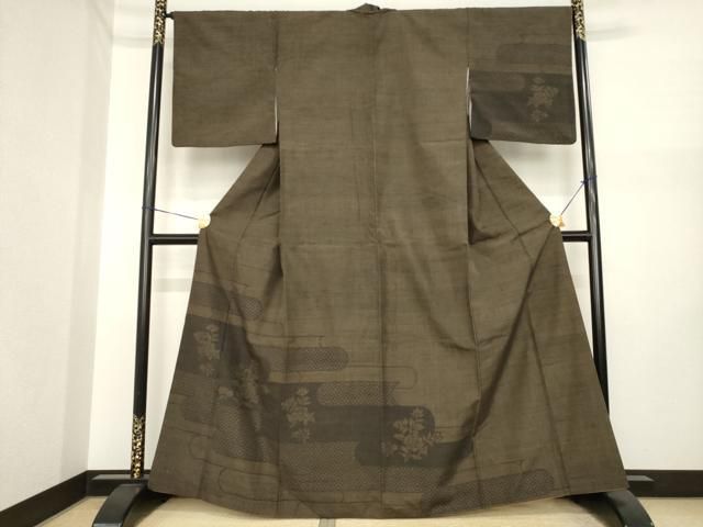 平和屋着物●結城紬　訪問着　100亀甲　エ霞花文　正絹　逸品　AABI7922ck