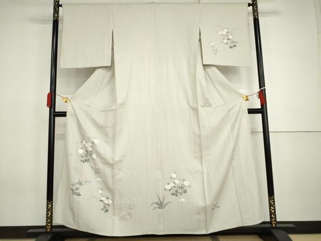 平和屋着物▽訪問着　単衣　友禅　刺繍　草花文　正絹　逸品　AABI7247cs