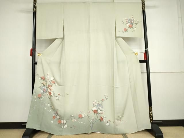 平和屋着物▽訪問着　単衣　友禅　雪輪枝花文　暈し染め　正絹　逸品　AABI7251cs