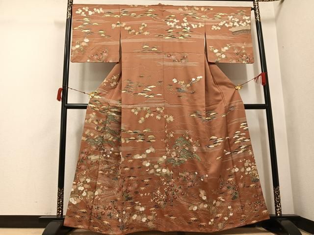 平和屋着物●訪問着　駒刺繍　松竹梅御所車文　金彩　正絹　逸品　AABI7445ph