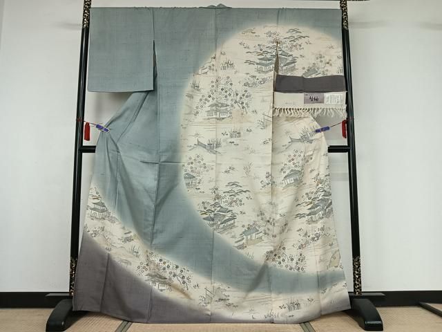 平和屋着物▽染織の名門　しょうざん 生紬　訪問着　単衣　手描き　風景花文　暈し染め　反端付き　正絹　逸品　AABI7697jh