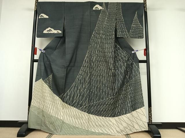 平和屋着物▽染織の名門　しょうざん 生紬　訪問着　単衣　風景文　正絹　逸品　AABI7699jh