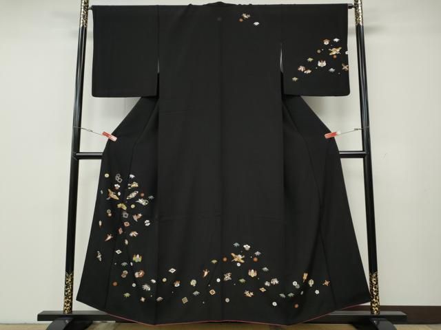 平和屋着物●訪問着　総刺繍　飛鶴宝尽くし文　黒地　金糸　正絹　逸品　CABG5543ut