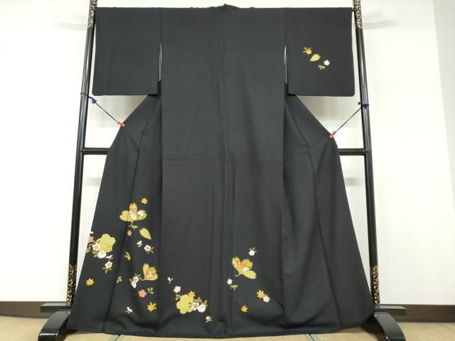 平和屋着物●訪問着　草花文　黒地　正絹　逸品　DABF1224ud