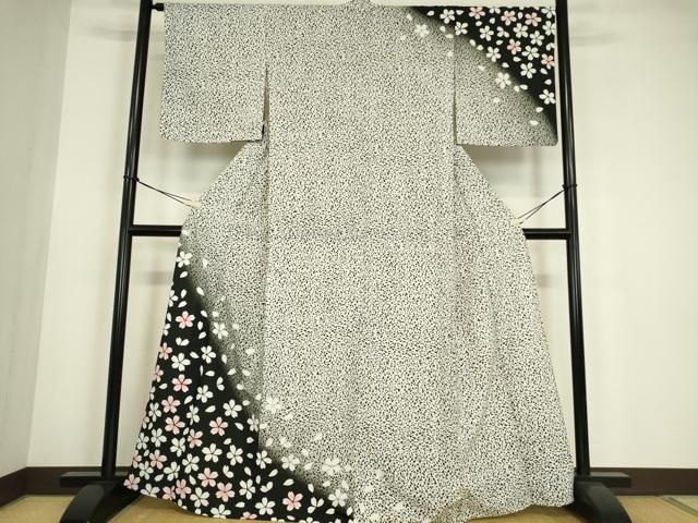 平和屋着物▽訪問着　単衣　舞桜　黒地　洗える着物　DABE4827az