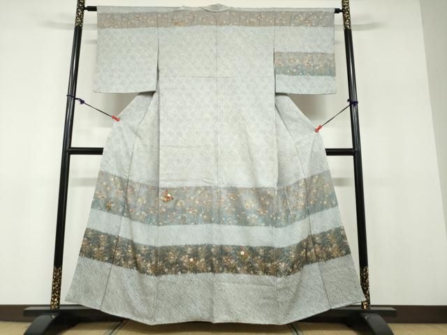 平和屋着物●訪問着　総絞り　刺繍　横段草花文　金彩　正絹　逸品　DABF1232ud