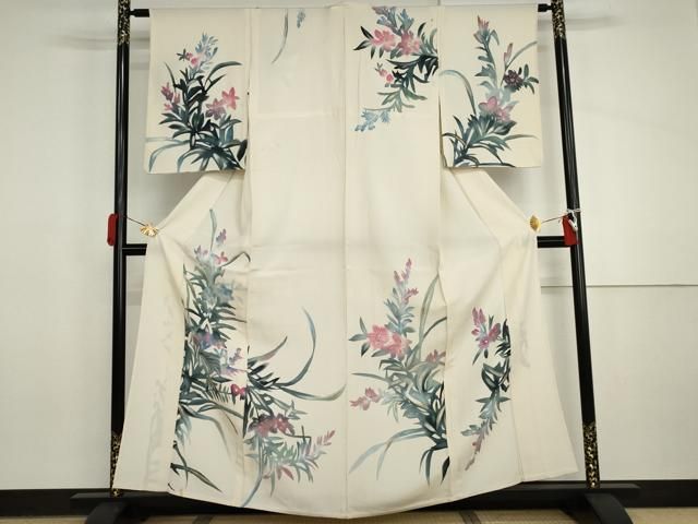 平和屋着物▽訪問着　単衣　手描き　草花文　金彩　正絹　逸品　AABI8035cs