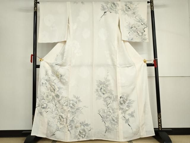 平和屋着物▽訪問着　単衣　手描き　地紋起こし　枝花文　正絹　逸品　AABI8041cs