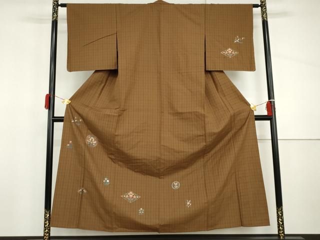 平和屋着物▽訪問着　単衣　紬地　総刺繍　双鳥花丸文　金糸　正絹　逸品　未使用　AABI8047cs