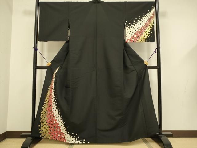 平和屋着物▽訪問着　単衣　箔散らし文　黒地　金銀彩　洗える着物　DABF5615du