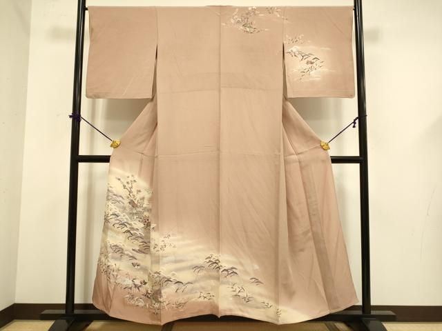 平和屋着物▽訪問着　単衣　飛鶴風景鴛鴦松文　暈し染め　金銀彩　正絹　逸品　DABF5653du