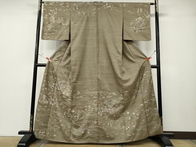 平和屋着物●中国三大刺繍　相良刺繍　総刺繍　訪問着　紬地　流水風景草花文　正絹　逸品　CABG5549ut