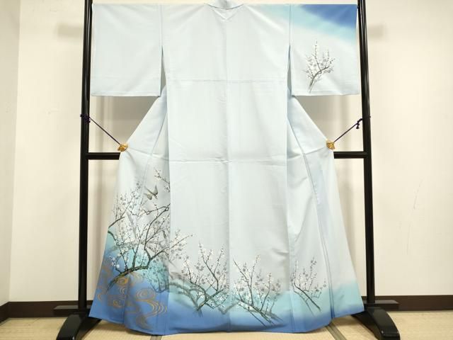 平和屋着物▽訪問着　単衣　手描き　枝梅に休み鳥　暈し染め　洗える着物　DABF5791du