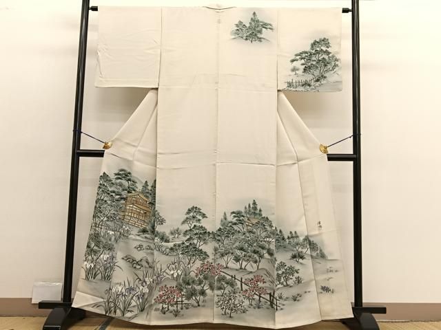 平和屋着物▽訪問着　単衣　作家物　手描き　金閣寺　暈し染め　正絹　逸品　BAAX2582hv