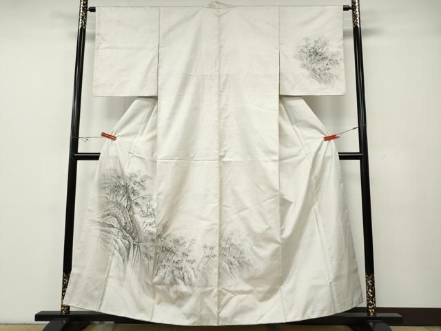 平和屋着物●訪問着　本場染大島紬　白大島　7マルキ　手描き　刺繍　滝　笹竹文　正絹　逸品　CABH2497ut