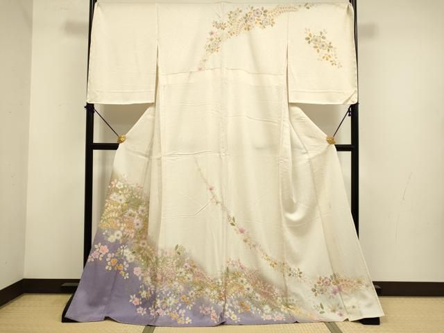 平和屋着物▽訪問着　単衣　作家物　絞り　辻が花　暈し染め　金彩　金通し地　ロング丈　正絹　逸品　DABF5893du