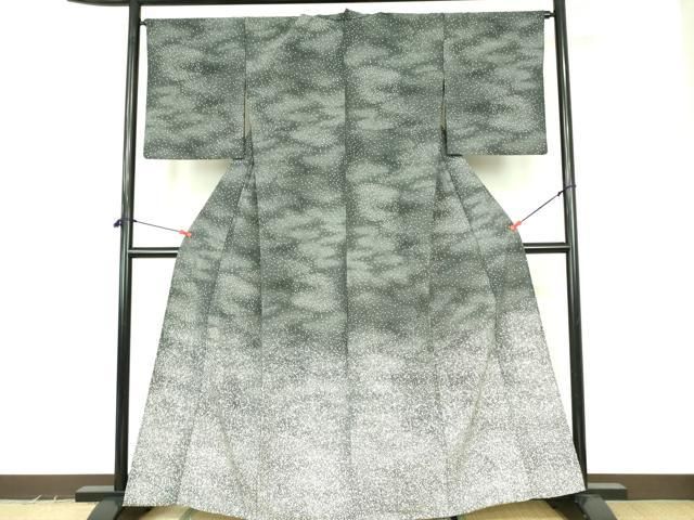 平和屋着物▽訪問着　単衣　霰文　黒地　洗える着物　DABF3530op