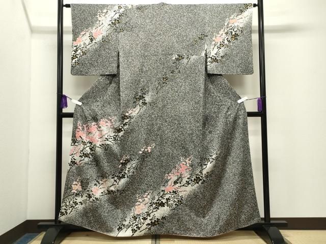 平和屋着物●訪問着　刺繍　枝梅文　たたき染め　黒地　金彩　正絹　逸品　CABG4482gh