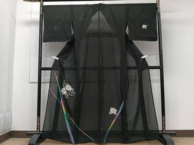 平和屋着物＊夏物　訪問着　菱紋紗　辻が花　黒地　金彩　正絹　逸品　CABG7174xi