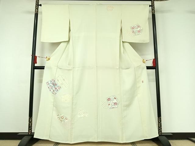 平和屋着物▽訪問着 単衣 作家物 刺繍 切嵌吉祥花文 金糸 正絹 逸品 AABJ1557jh