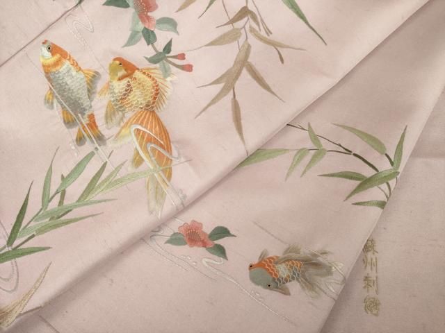 平和屋着物●訪問着　紬地　蘇州刺繍　金魚　伊と幸　反端付き　正絹　逸品　未使用　AABJ1428ck