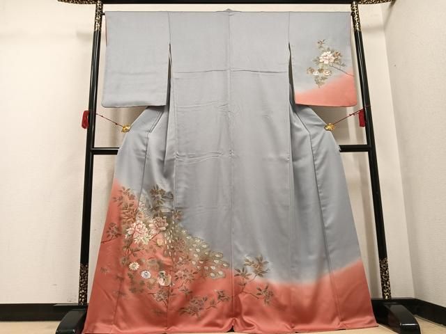 平和屋着物●訪問着　刺繍　孔雀鴛鴦枝花文　暈し染め　金彩　正絹　逸品　AABJ1296ph