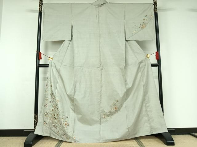 平和屋着物▽本場縞大島紬　訪問着　単衣　中国三大刺繍　汕頭刺繍　スワトウ刺繍　総刺繍　草花文　正絹　逸品　AABJ1622jh