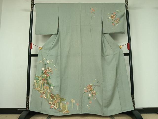 平和屋着物▽訪問着　単衣　枝花文　金銀彩　正絹　逸品　AABJ1639jh