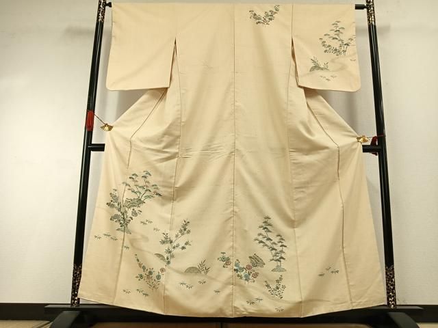 平和屋着物●訪問着　紬地　手描き　刺繍　松竹　風景花文　正絹　逸品　AABI9294fy