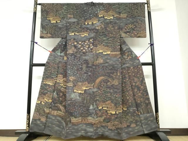 平和屋着物●訪問着　駒刺繍　風景草花文　金彩　正絹　逸品　DABF1771ud