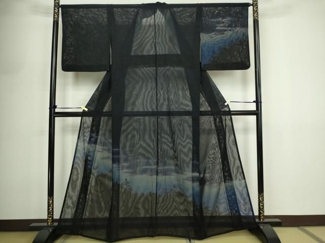 平和屋着物▽訪問着　単衣　無双　風景シルエット　紗袷　紗×紗　暈し染め　黒地　正絹　逸品　DABF8881sf 42,250円