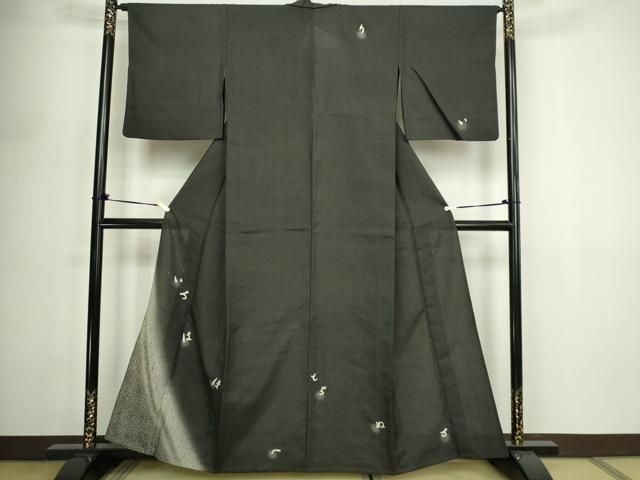 平和屋着物▽訪問着　単衣　紬地　いろはうた　暈し染め　黒地　正絹　逸品　DABF8899sf