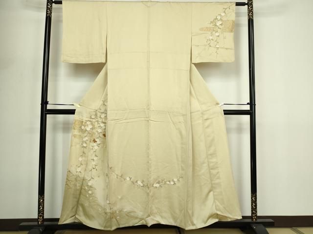 平和屋着物▽訪問着　単衣　駒刺繍　花蝶文　暈し染め　金彩　正絹　逸品　DABF8906sf