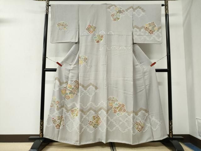 平和屋着物●訪問着　駒刺繍　絞り　松皮菱草花文　金彩　正絹　逸品　CABG0891yc