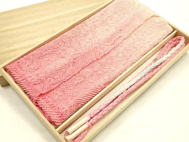 平和屋本店●和装小物　振袖用帯締め・帯揚げセット　柄絞り　花柄　金糸　暈し染め　正絹　逸品　未使用　AABJ8990ay