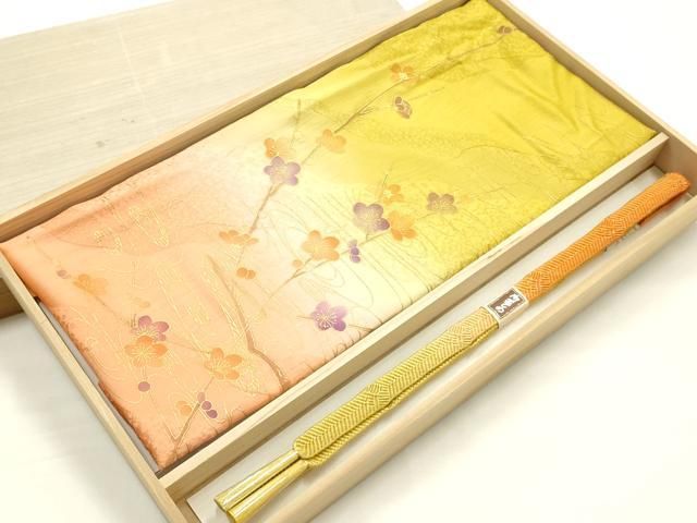平和屋本店●和装小物　帯締め・帯揚げセット　笹浪組　流水枝梅文　金糸　金彩　暈し染め　正絹　逸品　未使用　AABJ9442ay