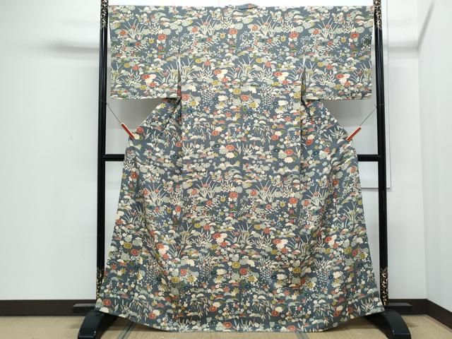 平和屋着物●訪問着　草花文　鬼しぼ縮緬　正絹　逸品　CABI1477th