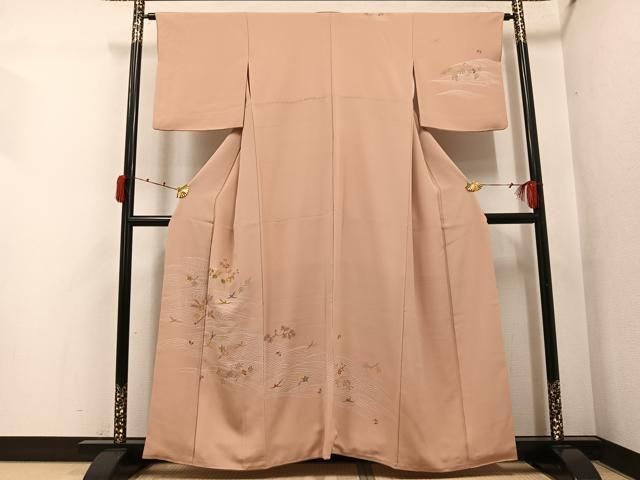 平和屋着物●訪問着　駒刺繍　立波花鳥舞蝶文　金彩　正絹　逸品　AABJ9396ph