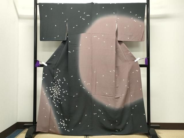 平和屋着物●訪問着　舞桜文　暈し染め　黒地　鬼しぼ縮緬　正絹　逸品　CABI0740gh