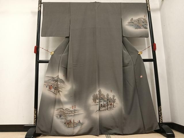 平和屋着物●摺友禅　横塚賢治　訪問着　刺繍　人物風景文　暈し染め　金糸　正絹　逸品　AABK0168ph