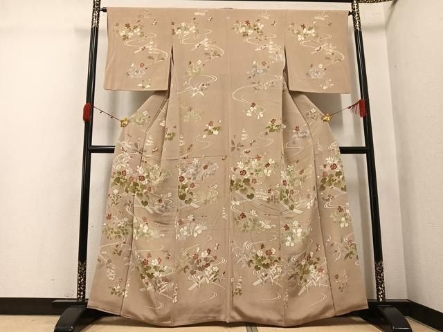 平和屋着物●訪問着　流水花蝶文　金彩　鬼しぼ縮緬　正絹　逸品　AABK0175ph