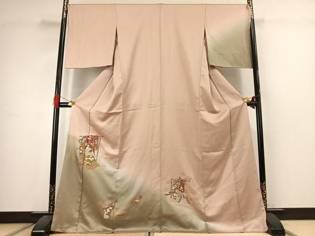 平和屋着物●訪問着　刺繍　誰が袖文　暈し染め　金彩　ロング丈　正絹　逸品　AABJ4728fy