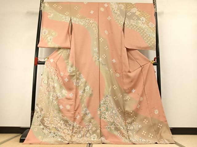 平和屋着物●訪問着　駒刺繍　草花文　金彩　丹後ちりめん　仮絵羽　正絹　逸品　未使用　AABJ4734fy