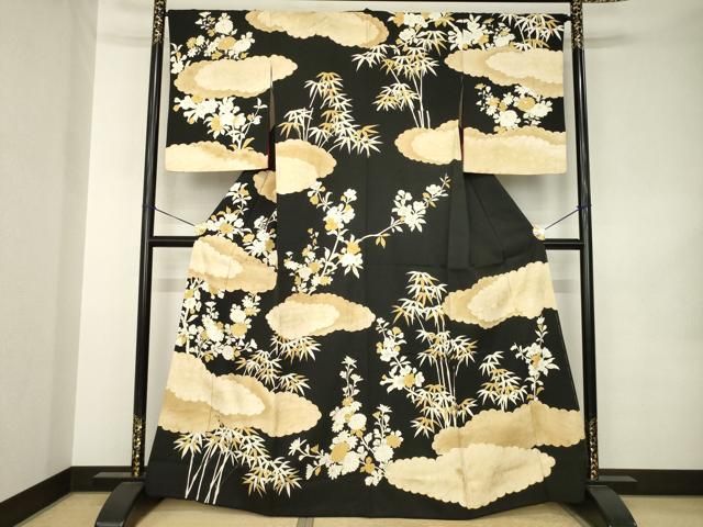 平和屋着物●訪問着　雲重ね花文　黒地　金彩　正絹　逸品　AABK0138ck
