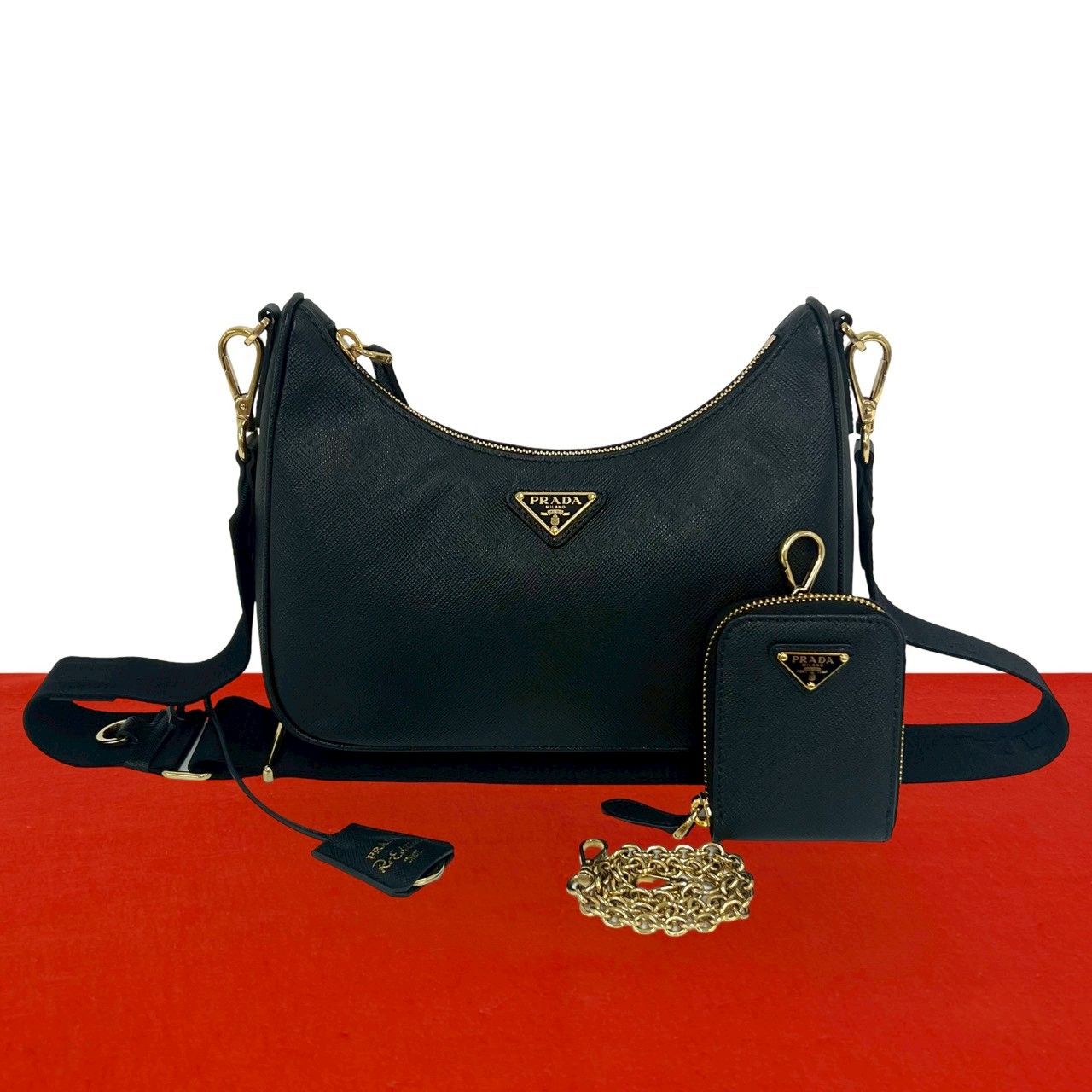 ほぼ未使用 PRADA プラダ Re-Edition 三角ロゴ 金具 サフィアーノ レザー 本革 ショルダーバッグ セミショルダーバッグ ブラック 21394