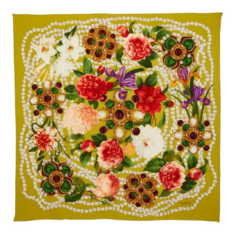 CHANEL シャネル 花柄 フラワー ジュエリー柄 大判スカーフ シャネル フラワー 花柄 スカーフ 大判 グリーン系 マルチカラー