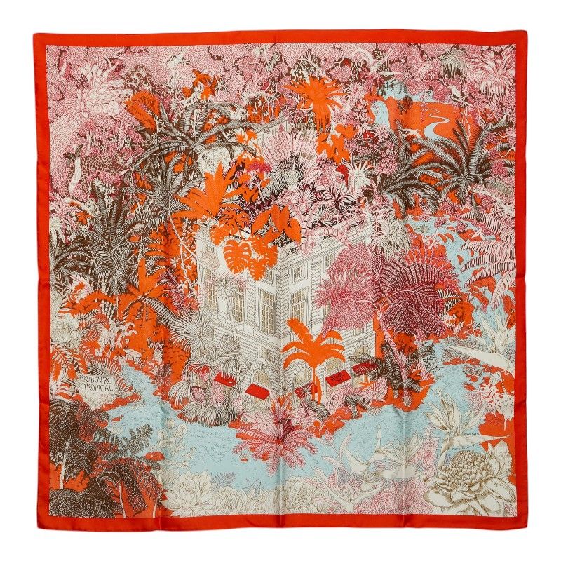 エルメス カレ90 Faubourg Tropical フォーブル トロピカル スカーフ 大判 オレンジ系 シルク レディース HERMES【1-0274085】