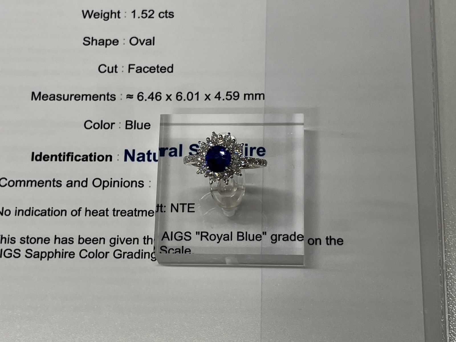 サファイア 1.52ct ロイヤルブルー royal blue 非加熱 no heat AIGS 